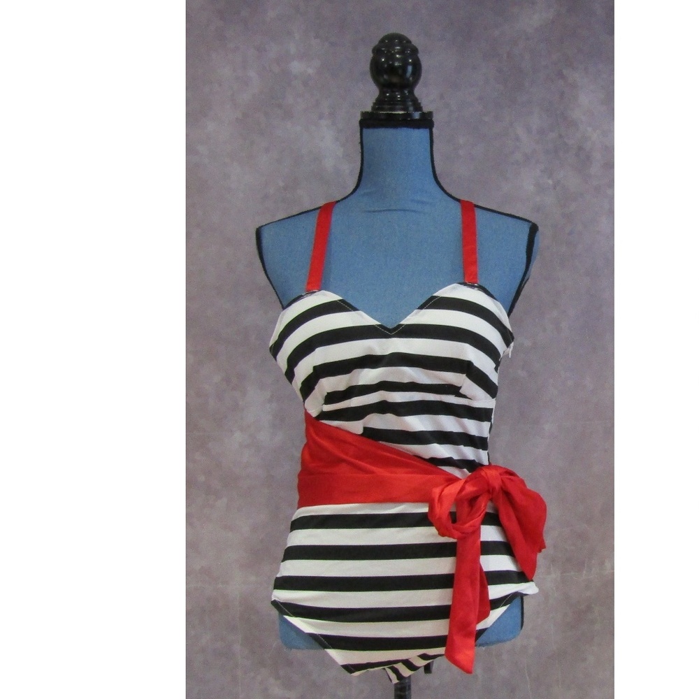 NEW Baluoke Black & White w/ Red Swimsuit Size L